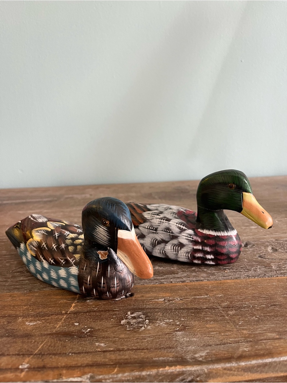 Vintage Hand Carved & Hand Painted Wooden Mallard Duck Decoy Pair Folk Art 7in